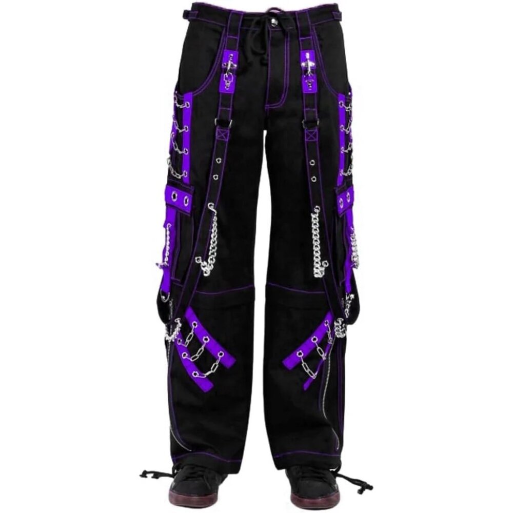 Mens Gothic Punk Black Purple Bondage Pant Chain Techno Rock Punk Usa
